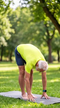 Vitality and wellness empower active aging through morning park yoga. Senior man transitions from warrior pose to forward bend on mat.