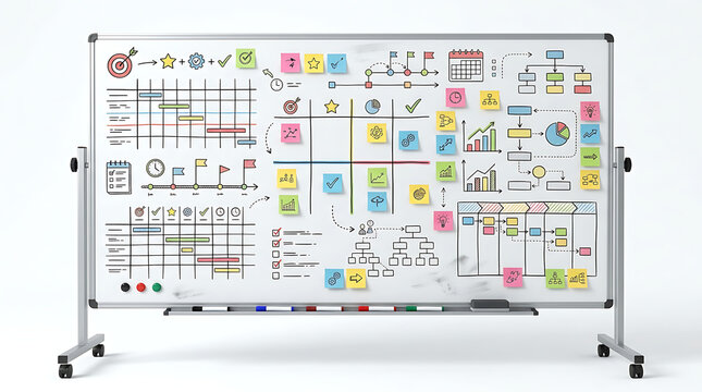 Project Management Whiteboard: A detailed whiteboard displays a comprehensive project plan, featuring timelines, charts, sticky notes, and diagrams.