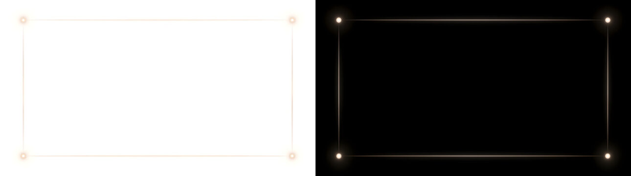 Rectangle border with thin lines and four bright corner dots for title designs in PNG, Transparent and Black Background Versions