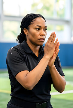 Sports officiating and refereeing, female referee clapping hands to signal game start or timeout on indoor sports field with focus and concentration