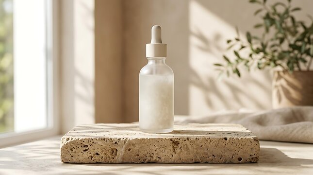 Minimalist Skincare Serum Bottle mockup on organic travertine stone with soft leaf shadows, premium Skincare Serum Bottle for branding, luxury Skincare Serum Bottle in neutral spa interior.
