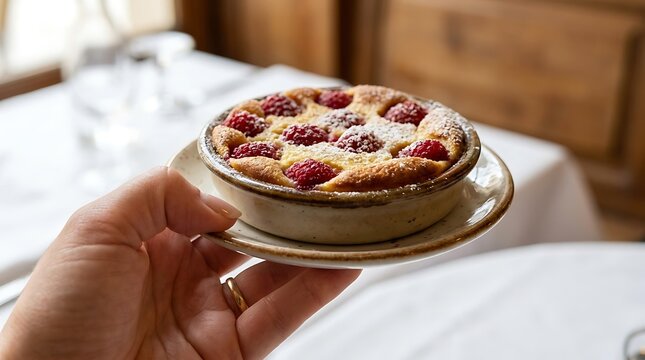 Hand holding a delicious raspberry clafoutis in a restaurant, showcasing a homemade raspberry clafoutis dusted with sugar, a perfect French raspberry clafoutis dessert.
