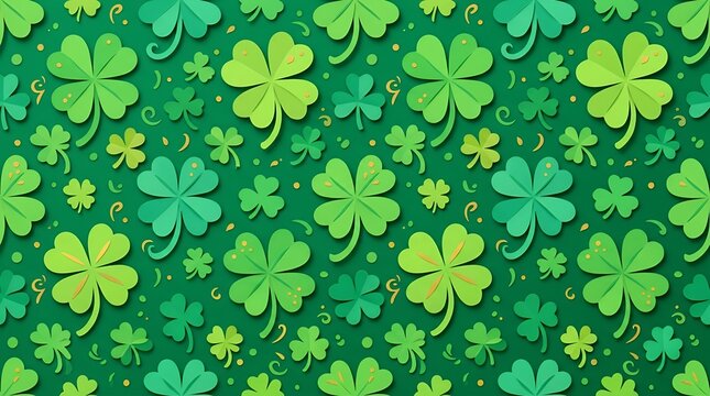 Vibrant paper cut style four leaf clover shamrock seamless texture pattern on rich emerald green backdrop representing fortune luck wealth success prosperity celebration traditional good fortune