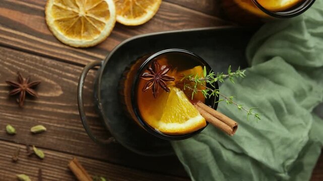Warm beverage with orange slice and cinnamon stick garnished with star anise on wooden background