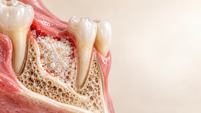 Wisdom tooth extraction site showing bone graft granules placed in socket to promote healing and bone regeneration after removal of impacted tooth in jaw