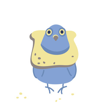 Funny pigeon with bread slice on neck bread collar meme cartoon bird vector