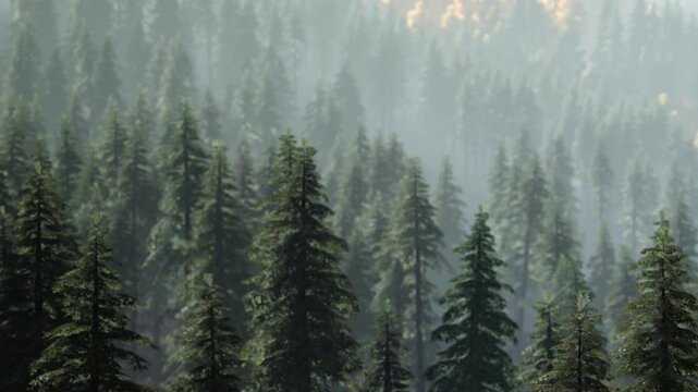 A forest filled with tall pine trees stands in the early morning. Fog rolls through the area, creating a blurry effect. Sunlight barely breaks through the tree canopy.