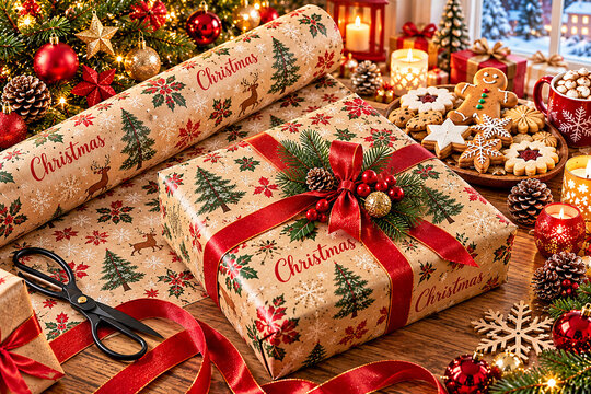 Wrapping paper and a wrapped Christmas gift.