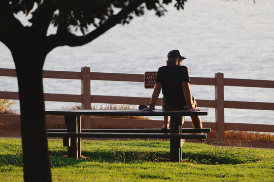 A serene backlit silhouette photograph of a man wearing a cap sitting on a wooden picnic bench along a grassy coastal park, gazing out over calm ocean waters framed by tree branches 