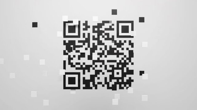 Black and white squares flying in and assembling into QR code pattern on gray background, digital payment and scanning technology animation