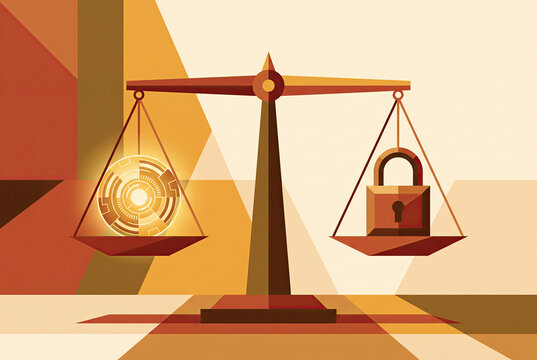 Balance Scale Weighing a Glowing Interface and a Padlock