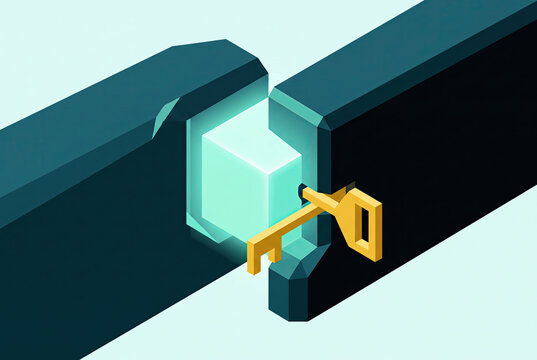 Isometric Golden Key Unlocking a Glowing Cube Between Dark Blocks
