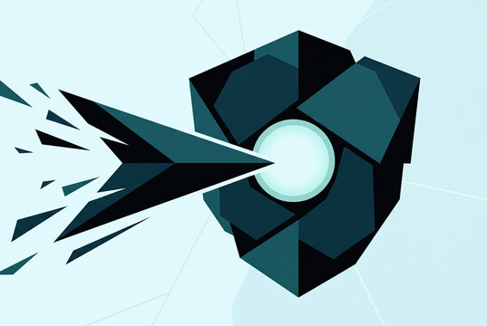 Geometric Arrow Striking a Faceted Shield with a Glowing Core