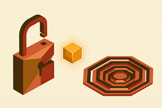 Isometric Open Padlock with Floating Glowing Cube and Platform