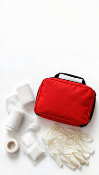 Red first aid bag with white gauze, bandage rolls, latex gloves, adhesive tape on clean white background, flat lay emergency kit