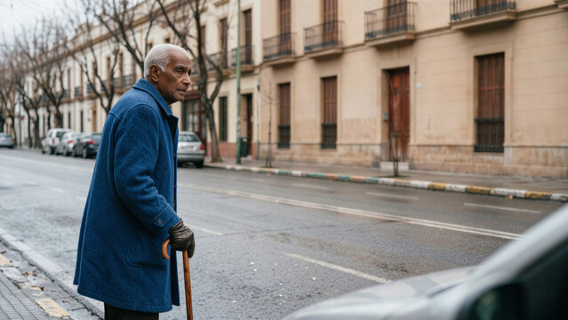 Elderly man with a cane waiting to cross a quiet street