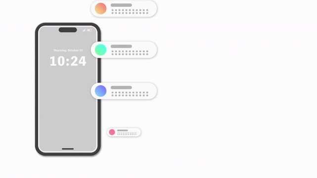 携帯電話でのオンラインチャットのメッセージ通知が届くアニメーション　携帯は左側配置で流れるメッセージバージョン