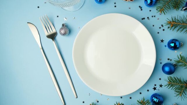 White plate with fork and knife surrounded by Christmas ornaments and pine branches on a blue background
