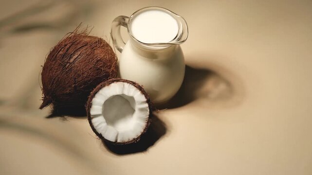 Whole and halved coconuts next to a glass pitcher filled with white liquid on a neutral background