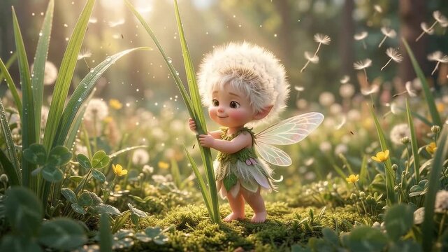 Cute little dandelion fairy with wings standing in a sunny summer meadow
