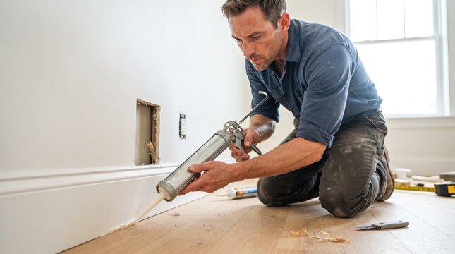 A craftsman meticulously applying sealant along a baseboard with a caulking gun. He is kneeling on a wooden floor in a room undergoing renovation