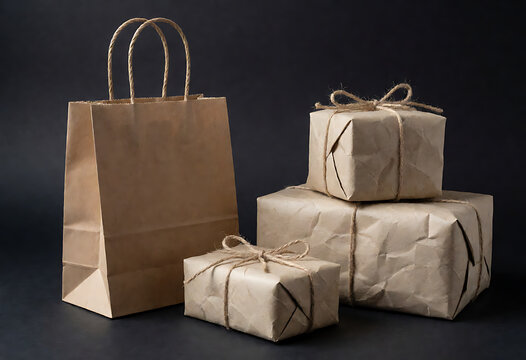 Brown paper shopping bag and gift boxes tied with twine on dark background for packaging delivery.