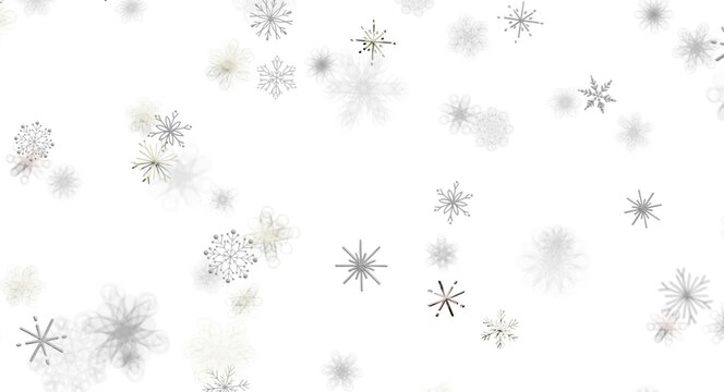 A beautiful abstract background of white and grey snowflakes falling on a dark black backdrop.