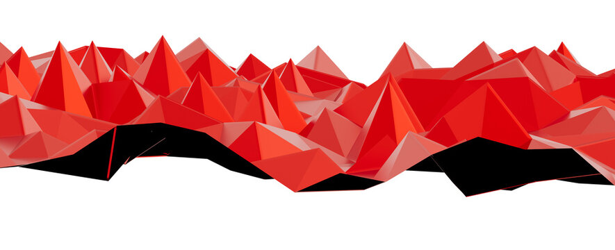 Abstract 3D rendering of sharp red geometric polygons resembling mountains on a black background.