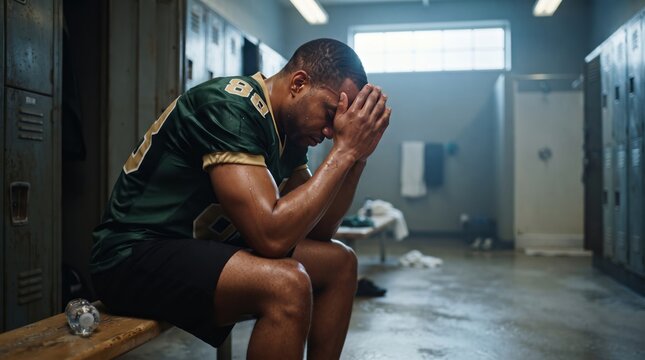 A football player sits dejectedly in a locker room, his head in his hands. The weight of a loss heavy on his shoulders.