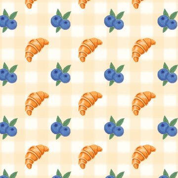 seamless pattern with croissant and blueberry pastry