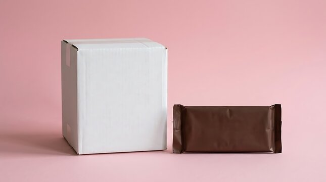 Mockup of white cardboard box with chocolate bar on pink background
