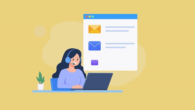 Flat vector animation showing a customer support agent wearing a headset and working on a laptop beside a digital interface with email, message, and notification icons for email management, online com