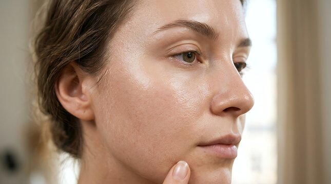 Close up of a young woman with oily skin showing visible pores and texture, professional dermatology concept for oily skin treatment and facial care routine for problematic oily skin.