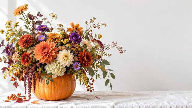Sculptural floristry with orange and ivory dahlias, violet blooms, wildflowers and autumn foliage in a pumpkin vase, a garden inspired harvest centerpiece for a modern Halloween floral tablescape