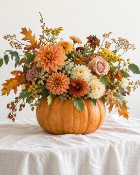 Seasonal floral design with apricot and cream dahlias, blush rose, golden wildflowers and oak leaves in a pumpkin vase, a botanical sculpture for cottagecore autumn home decor and harvest tablescape