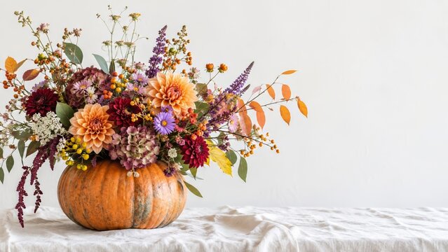Autumn floral arrangement in a pumpkin vase with peach dahlias, burgundy blooms, purple asters, orange berries and golden foliage, a sculptural harvest centerpiece with natural Halloween styling