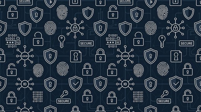 Cybersecurity seamless pattern background, digital security icons wallpaper, dark blue data protection line art texture, network safety concept