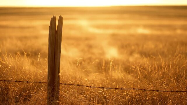 Golden sunset lighting up a rustic wooden fence post and barbed wire in a vast open grassland prairie