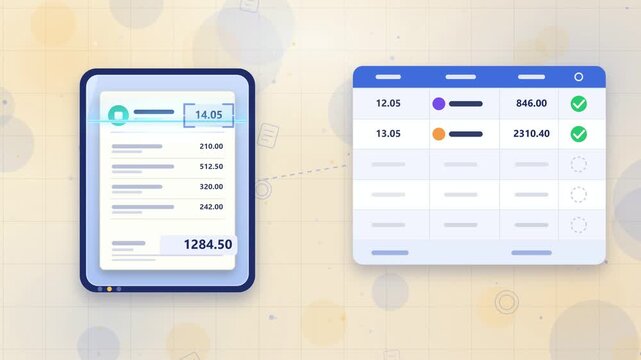 AI invoice scanner extracts date, supplier and total into a spreadsheet, OCR data entry automation animation 4K