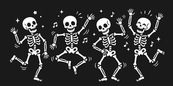 Four funny white skeletons dancing with music notes and stars on a black background for a spooky Halloween party design
