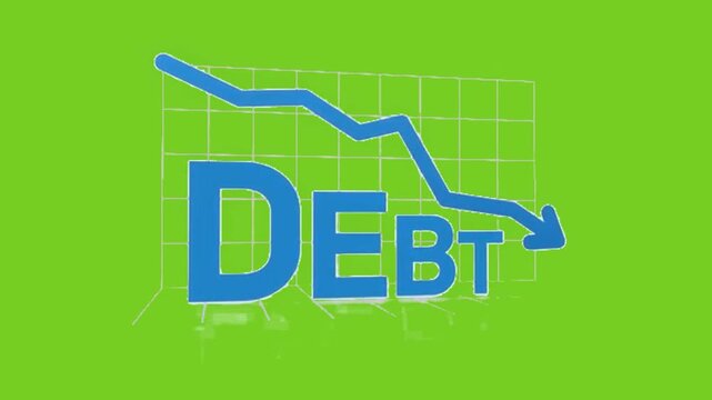 3D blue text DEBT with a declining graph arrow on a green screen background.  
