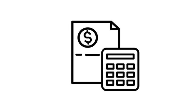 Animated accounting line icon with spreadsheet, money and calculator animation demonstrating cost estimation and budgeting. Outline style on a white background