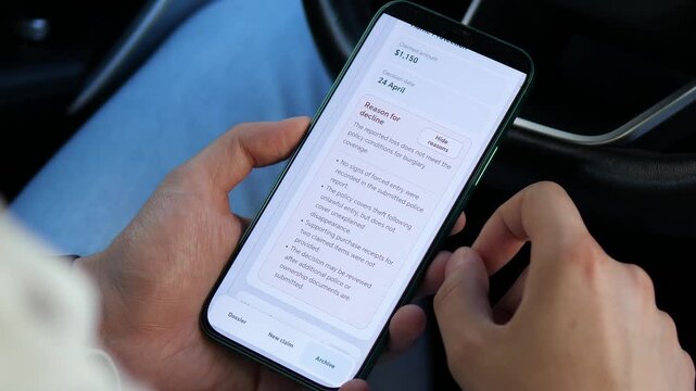 Mobile insurance claim is declined after digital review finds policy conditions unmet, highlighting evidence checks, coverage rules and modern claims management.