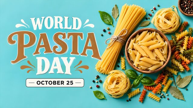 World Pasta Day flat lay design with raw noodles and copy space on a blue background