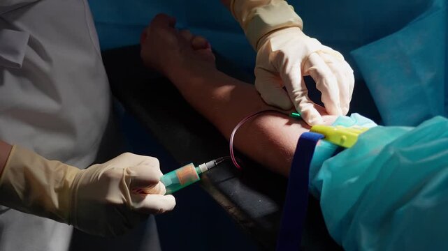 Medical professional in sterile gloves using a needle and vacutainer to draw blood from a patient's arm vein during a check-up in a hospital laboratory for health screening or donation
