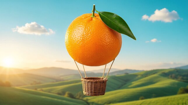 Orange Tangerine Hot Air Balloon with Wicker Basket over Green Hills at Sunrise