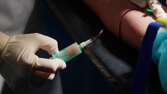 Closeup of a medical professional's gloved hand taking a blood sample from a patient's arm using a needle and tube holder, with blood flowing from the vein into the collection system