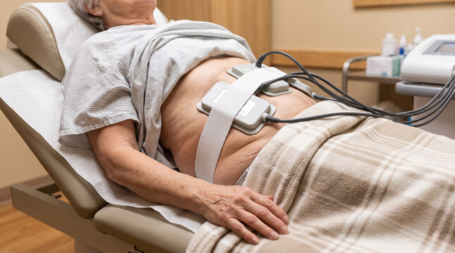 Woman lying on bed with non invasive body device pads connected by cables on abdomen. Electro stimulation and fat reduction session in spa, copy space