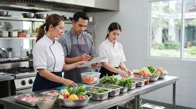 Three chefs are working in a professional kitchen, preparing ingredients for a meal. The chefs are wearing chef uniforms and appear focused on their tasks.