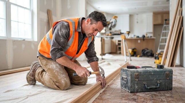 A construction worker is kneeling on the floor, hammering a piece of wood. He is wearing an orange vest and safety glasses, and there is a toolbox next to him